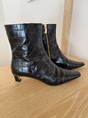 Michael Kors Black Croc-Embossed Pointed Toe Ankle Booties with Gold Zip